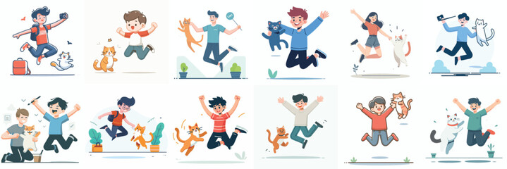 vector set teenagers are happy jumping with their dogs with a simple and minimalist flat design style. plain white background