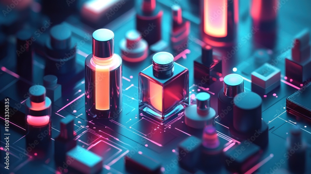 Poster abstract 3d rendering of perfume bottles on a circuit board with neon lighting.