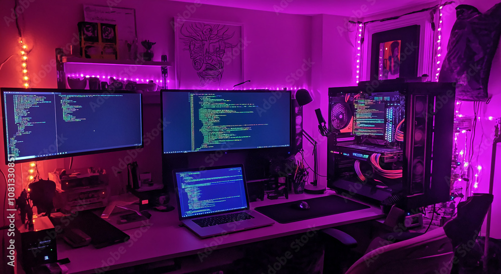 Poster a desk in a home office is lit with pink and red led lights, and features a computer, laptop, and a 