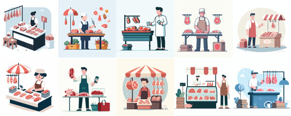 vector set for people selling meat with a simple and minimalist flat design style. plain white background