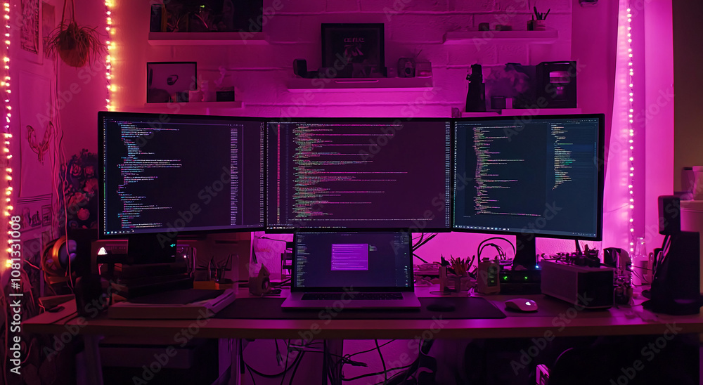 Aufkleber A desk with three computer monitors displaying lines of code, a laptop with a pink screen, a mouse, and other miscellaneous items