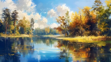 Oil painting landscape with river lake trees in the back