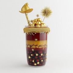 A decorative layered drink with golden accents and festive toppings.