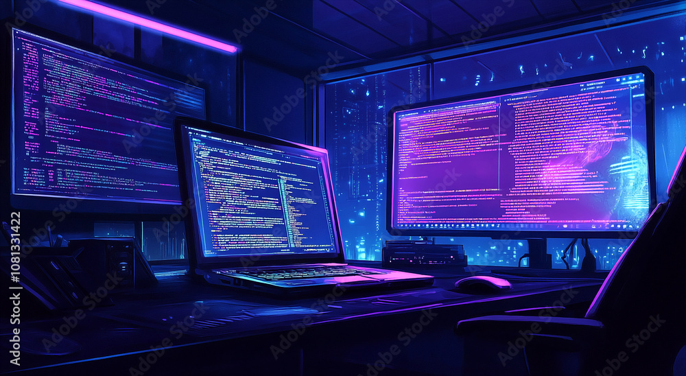 Poster A night-time view of a desk with three screens showing code, one on a laptop and two on monitors. The view through the window shows a city skyline