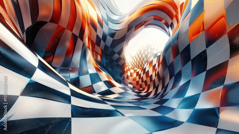 Poster abstract checkered pattern forming a wavy tunnel leading to a bright light.