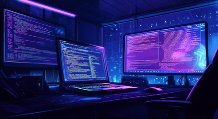 A night-time view of a desk with three screens showing code, one on a laptop and two on monitors. The view through the window shows a city skyline