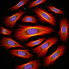 A microscopic view of cells with intricate structures, likely stained for scientific research