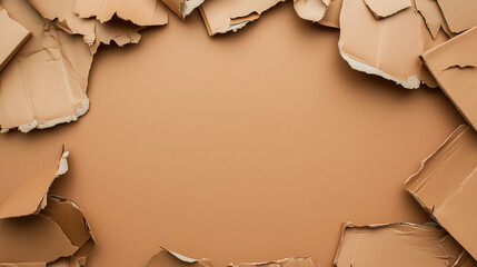 Cardboard pieces surround blank space, creating rustic frame. torn edges and warm tones evoke sense of creativity and recycling.