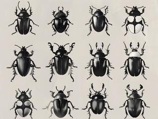 Collection of black and white beetle illustrations in various