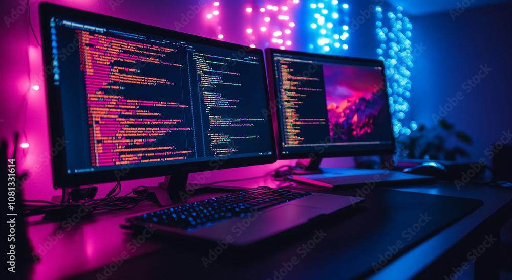 Aufkleber two computer monitors display lines of code in a dark room lit by pink and blue fairy lights