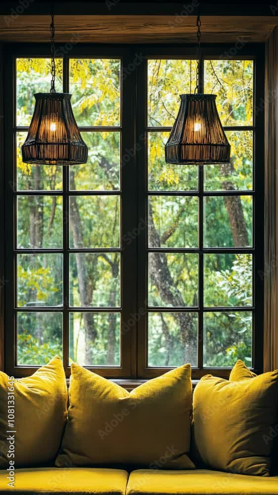 Poster two hanging lights illuminate a yellow couch in front of a large window with a view of trees outside