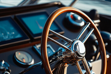 a luxury yacht helm station with teak steering wheel with navigation displays 
