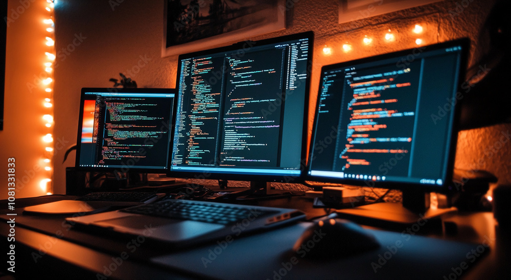 Poster Three computer monitors displaying code are lit by warm string lights in a dark room, with a laptop and mouse in the foreground
