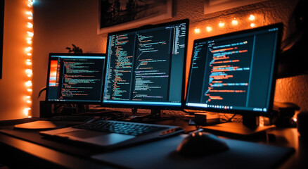 Three computer monitors displaying code are lit by warm string lights in a dark room, with a laptop and mouse in the foreground