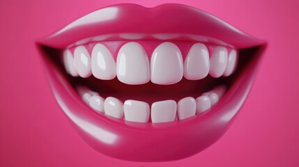 Close up view of a woman s smiling mouth displaying bright white teeth against a solid pink background ideal for dental advertisements or beauty promotions