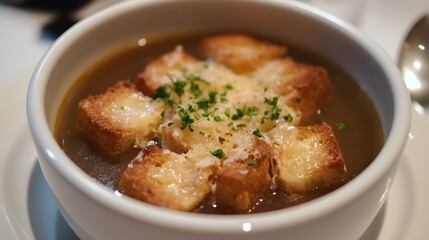 Onion soup with cheese croutons