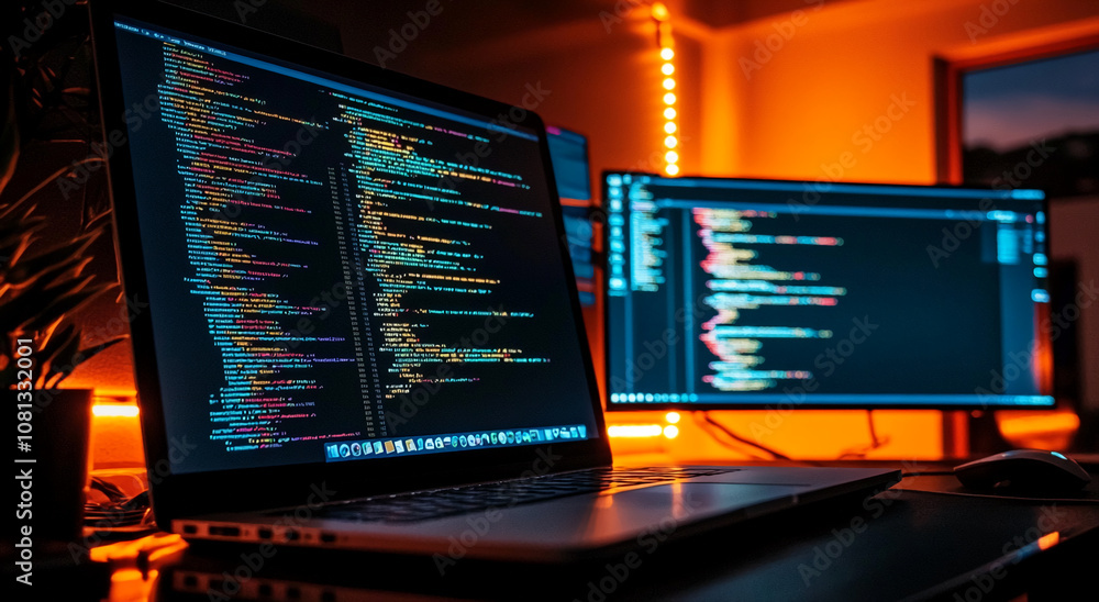 Aufkleber A laptop and monitor display lines of code in a dark room with warm lighting. The screens are filled with colorful lines of text, hinting at the complexities of programming