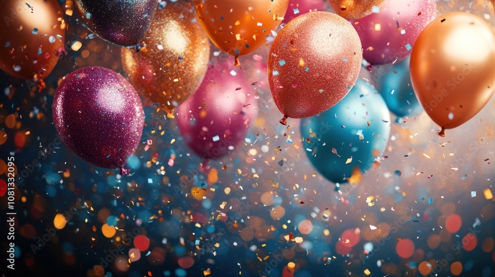 Poster a cluster of colorful balloons with confetti falling against a bokeh background.