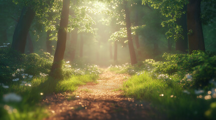 Obraz premium sunlit path winds through a lush, green forest