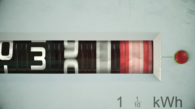 Close-up timelapse of a vintage electric meter dial turning, measuring electricity usage with kWh counter. Ideal for concepts of rising energy costs, consumption, and power monitoring. 4K animation.