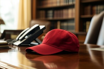  Red Baseball Cap on an Office Desk with Telephone and Bookshelves in Background
