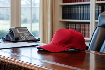  Red Baseball Cap on an Office Desk with Telephone and Bookshelves in Background