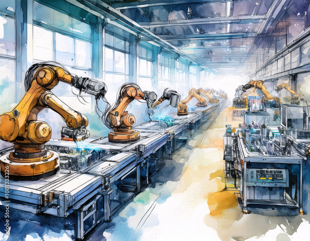 Poster a watercolor illustration of a futuristic factory with robotic arms working on an assembly line. gen