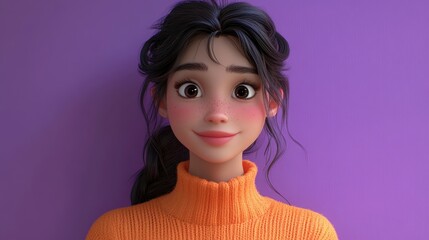 Charming woman in a cozy orange sweater engaging in social media conversation vibrant violet background