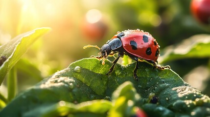 Fototapeta premium A ladybug sits on a green leaf with sunlight shining in the background.