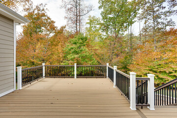 Spacious Wooden Deck Overlooking Autumn Forest View