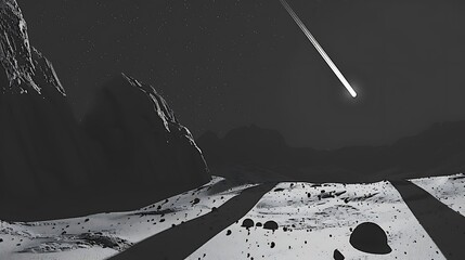 Obraz premium A surreal landscape featuring rocky terrain under a starry sky with a bright comet streaking across.