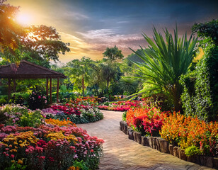Fototapeta premium A picturesque garden path winds through vibrant flower beds, framed by lush greenery and palm trees