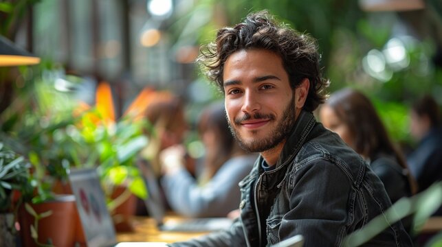 A man with a beard and a black jacket is smiling at the camera