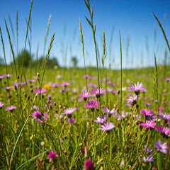 A vibrant field of colorful wildflowers stretches towards a clear blue sky