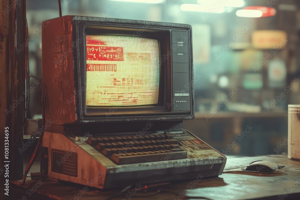 Poster vintage computer with crt monitor on a desk in a dimly lit room.