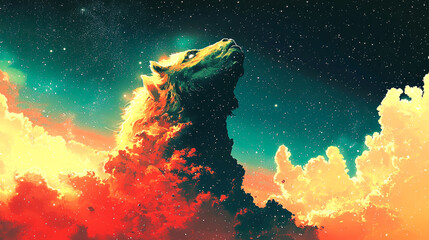 A wolf made of clouds looks up at the starry night sky.