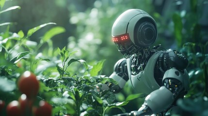 A futuristic robot harvests ripe red tomatoes from a lush green garden.