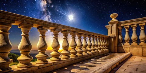 Captivating Night Photography of a Classic Stone Balustrade Under Starry Sky, Illuminated by Soft Moonlight, Exuding Timeless Elegance and Architectural Beauty in Outdoor Settings
