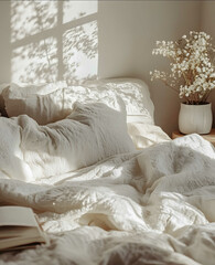 a comfy bed with fluffy white blanket cozy sleepy bedroom setting soft colors