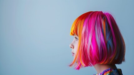 Naklejka premium The girl showcases her stunning neon-colored hair, blending shades of pink, orange, and blue while reflecting a moment of curiosity and wonder