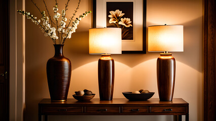 Wooden console table, tall ceramic vase, neutral decor, warm ambient lighting.