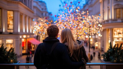 Romantic Evening Stroll Under Christmas Lights
