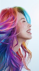 A woman is smiling widely, showcasing her colorful, flowing hair. The striking blend of vibrant hues creates a lively atmosphere, radiating joy and energy