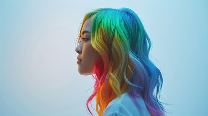 Naklejka premium A striking profile view of a woman showcasing her vibrant, rainbow-colored hair, beautifully blending with a soft pastel backdrop. Her expression is calm and serene