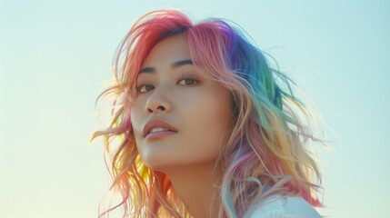 Fototapeta premium Capturing a moment of serene beauty, the woman with rainbow-colored hair looks thoughtfully into the horizon, surrounded by a soft, glowing sunset at the beach