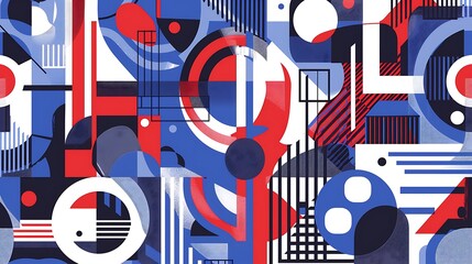 Obraz premium Abstract geometric design featuring shapes and patterns in red, blue, and white.