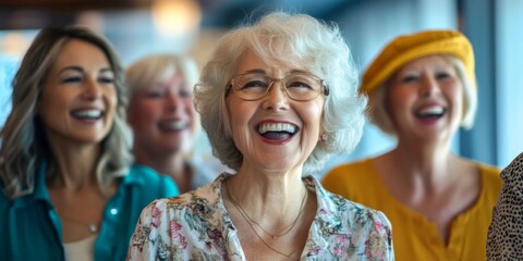 A joyful group of women sharing laughter and smiles in a bright setting. This candid moment captures the essence of friendship and happiness among diverse ages. Enjoy the vibrant atmosphere. AI
