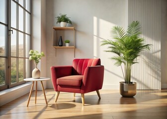 Big Red Raspberry Armchair in Minimalist Living Room Decor - Cozy Furniture, Modern Design, Interior Style, Statement Piece, Colorful Seating, Home Aesthetics, Contemporary Comfort