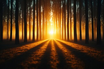 Fototapeta premium Sunrise over misty forest natural landscape nature photography tranquil environment wide angle serenity and beauty