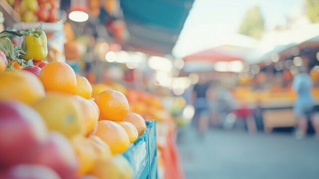 Vibrant produce at a bustling outdoor market on a sunny day, AI